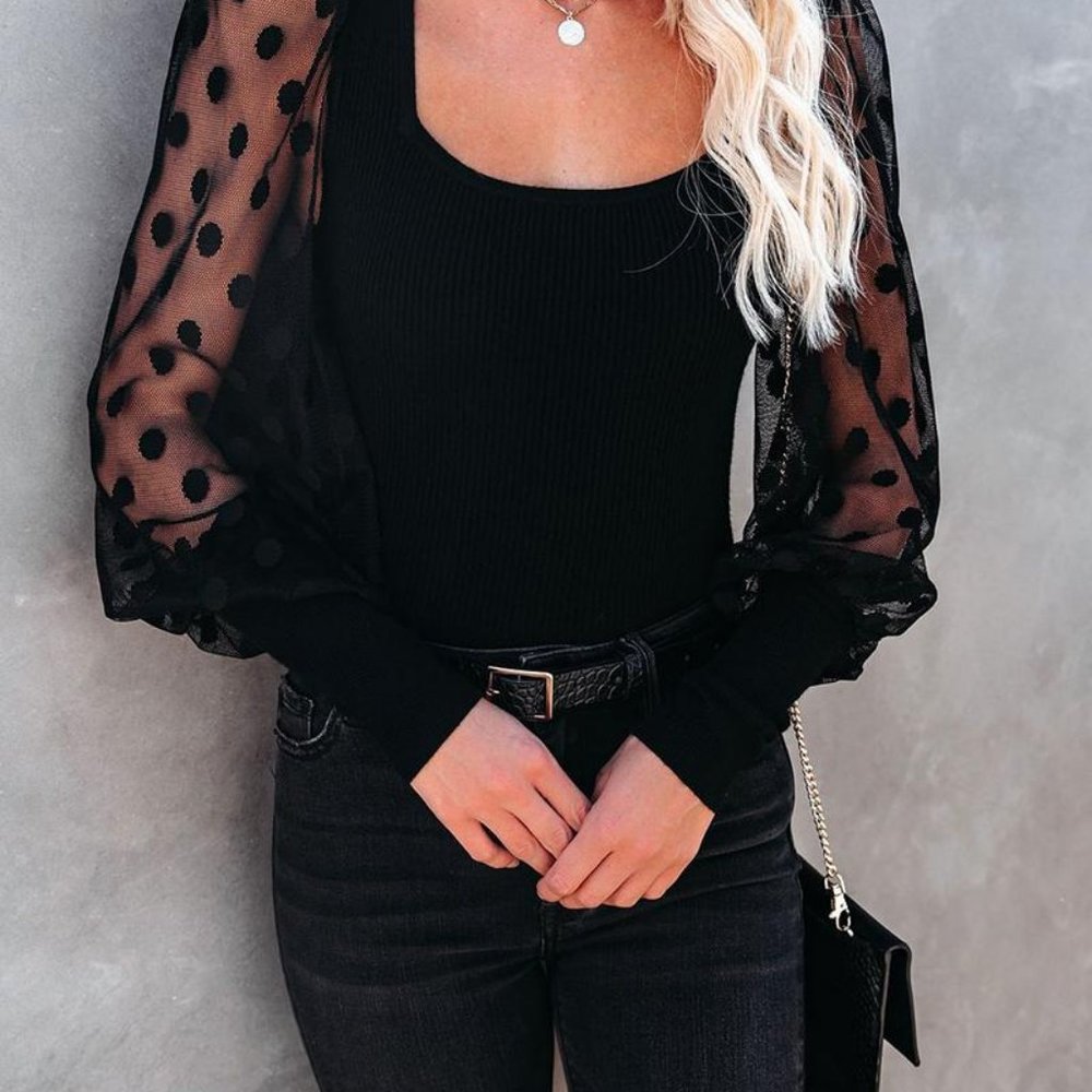 Black Long Sleeve Dot Blouse - Picture 1 of 3